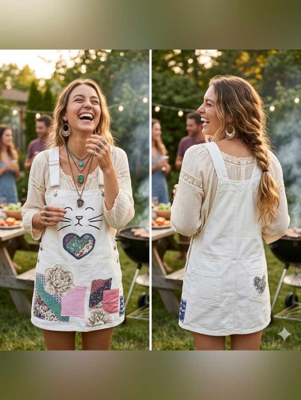 Upcycled Patchwork White Cotton Pinafore Dress Size M